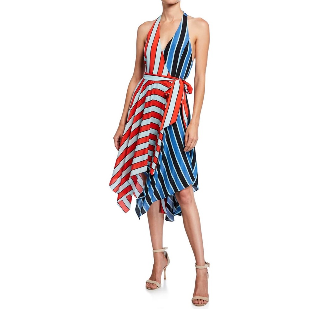 Alice + Olivia Canton Stripe Halter Neck Handkerchief Hem Dress